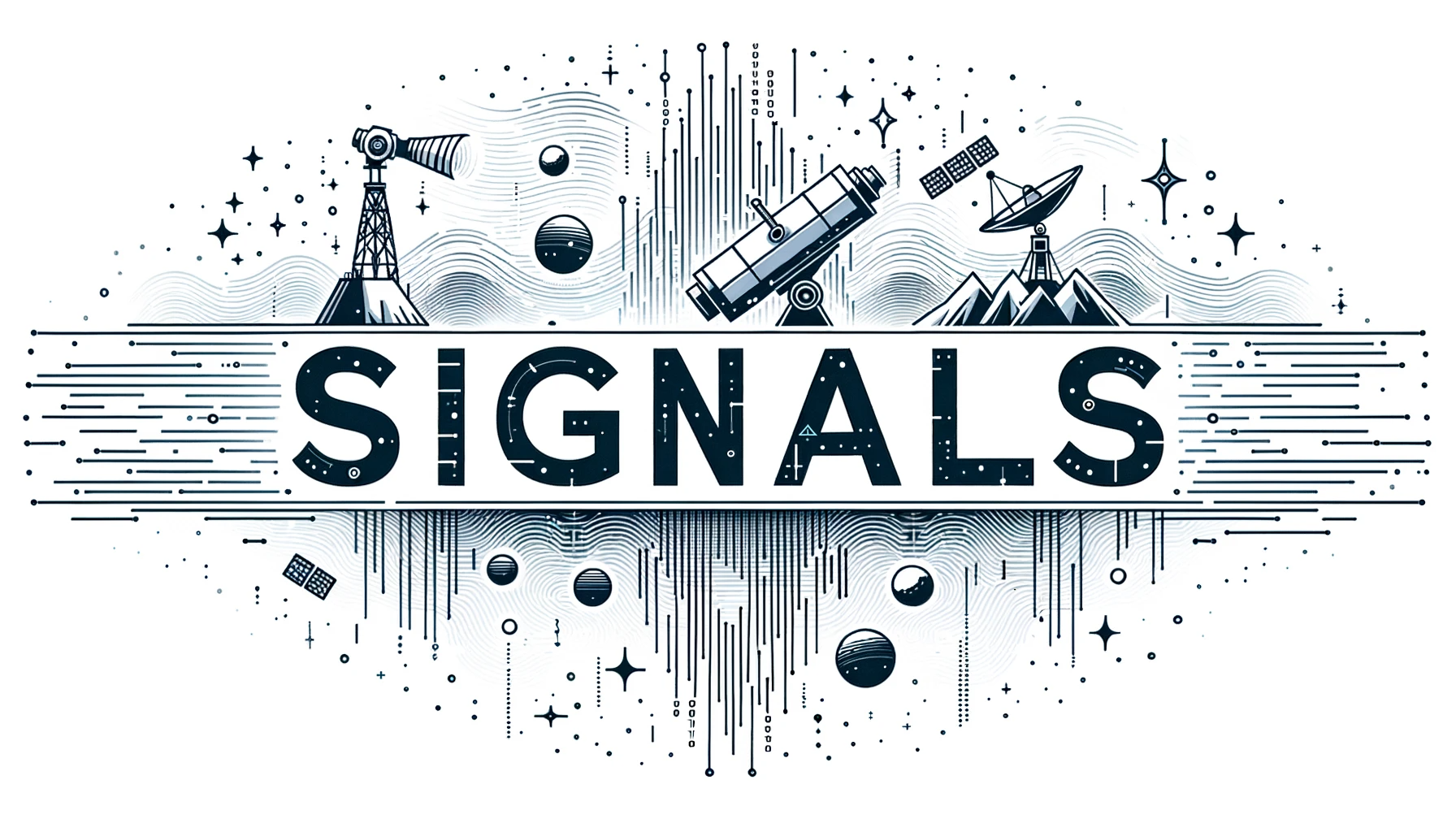 Illustration of a wide futuristic logo. 'SIGNALS' stands out in the middle in a futuristic and sharp font
