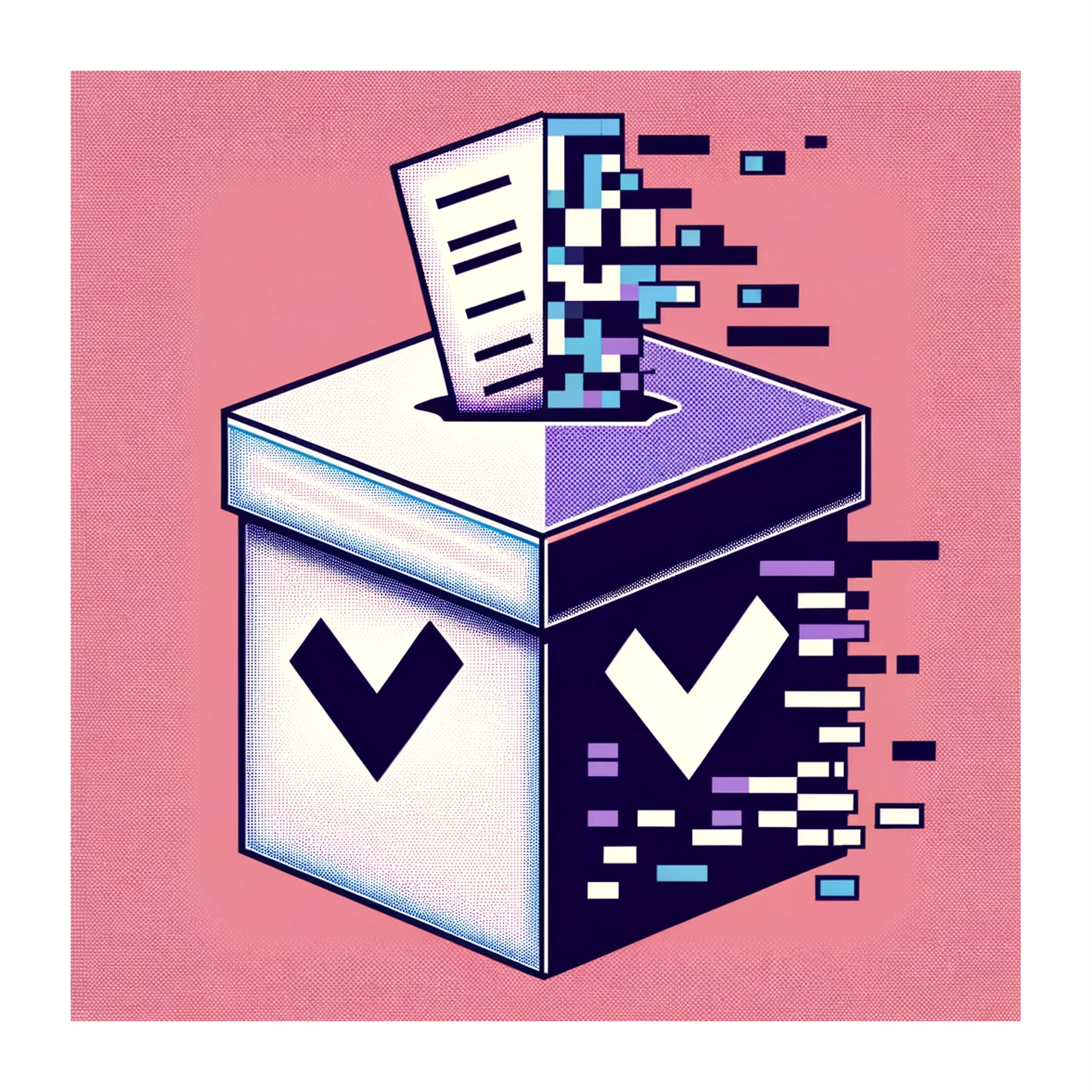 Illustration of a ballot box with half of it appearing normal and the other half pixelated, showing the transformation of a genuine vote into a manipulated vote