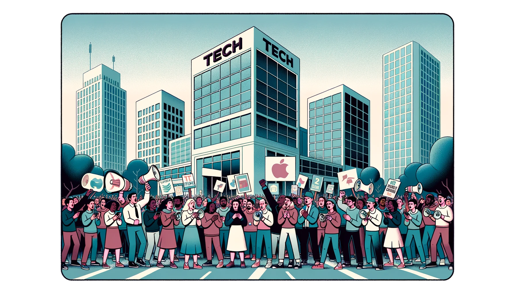 Rectangular illustration of a Silicon Valley protest scene. In the foreground, various gendered and racially diverse tech workers, students, and activists