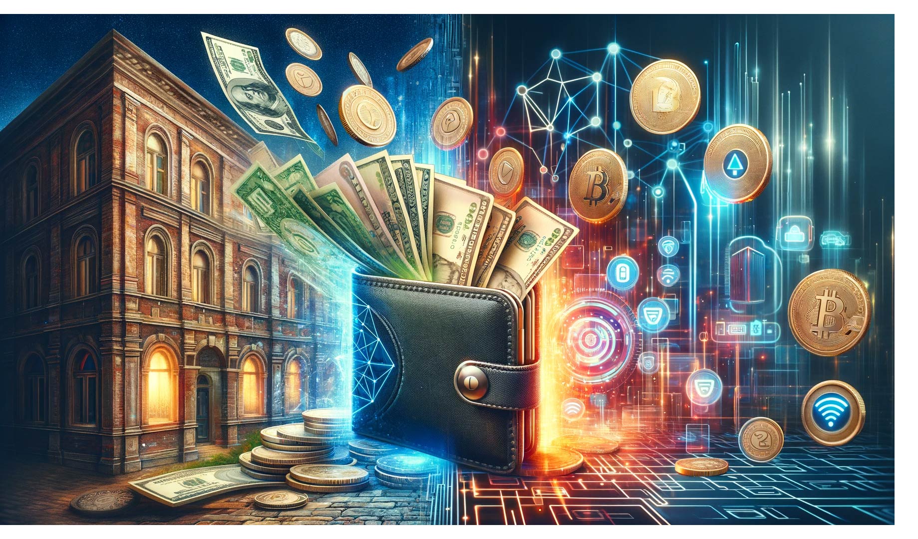 A futuristic, conceptually rich illustration representing the transition from physical cash to digital payments, symbolizing a cashless society