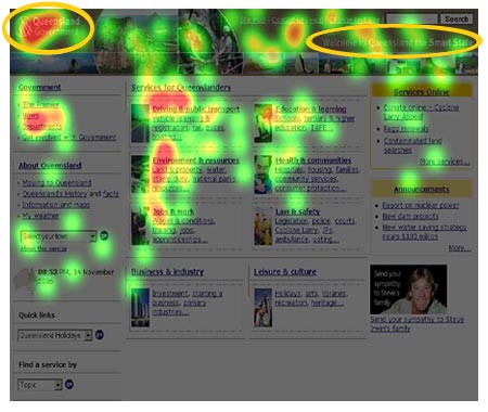 Heat map image. It can be seen that the top left corner, where the Queensland Government logo is located, receives the most fixation, whereas the area on the right, where the site name is located, receives minimal fixation.