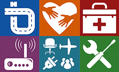 an image of a set of icons: road, hands in heart, first aid, radio, office, tools