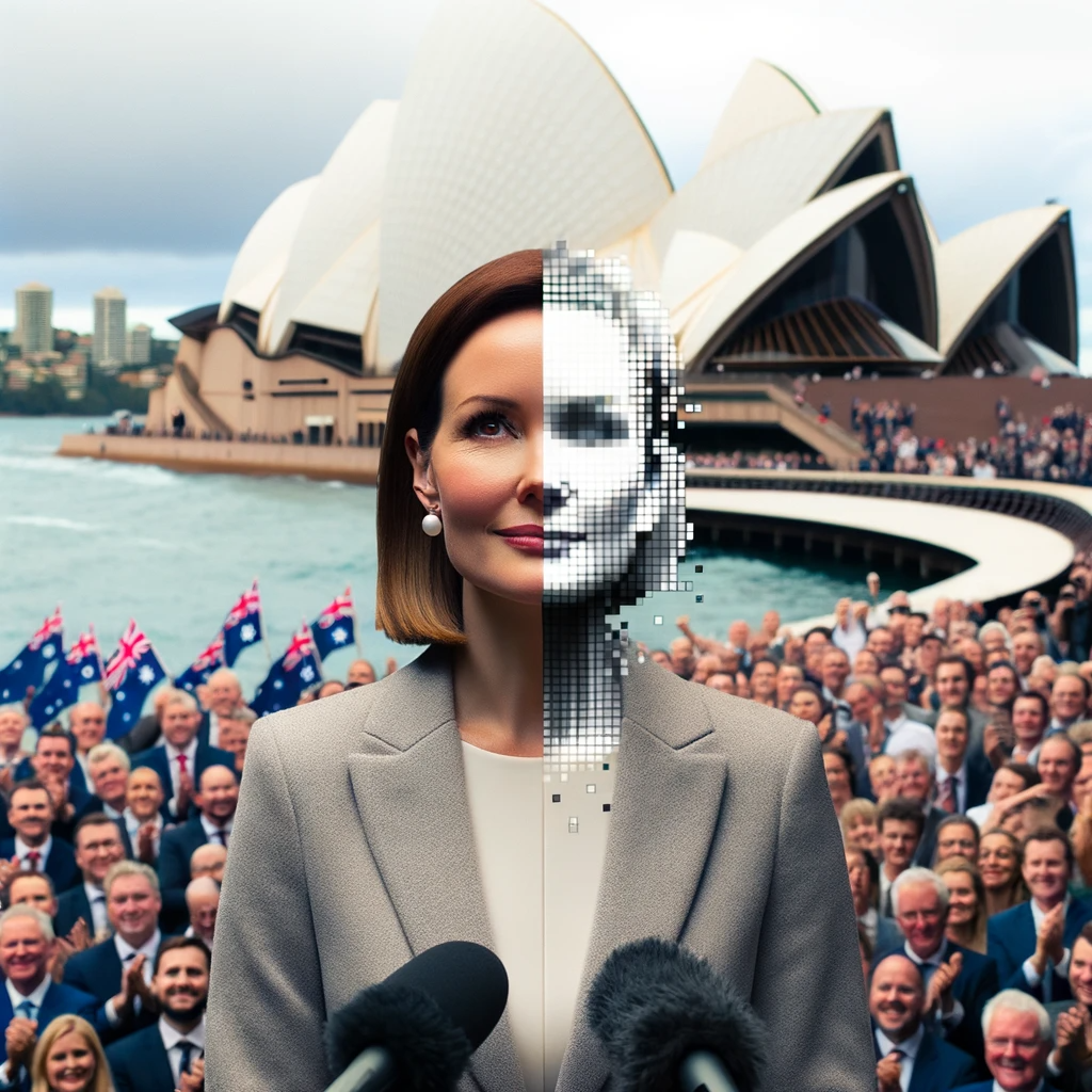  Photo of a generic Australian female politician amidst her supporters with the iconic Sydney Opera House in the background. The left side of her face 