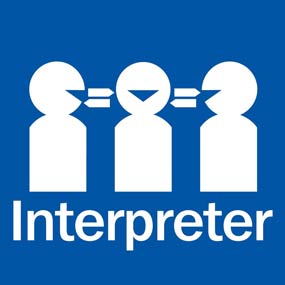 National Interpreter Symbol is a blue square symbol with 3 white figures—the two figures on the outside are facing the centre figure who represents the interpreter.