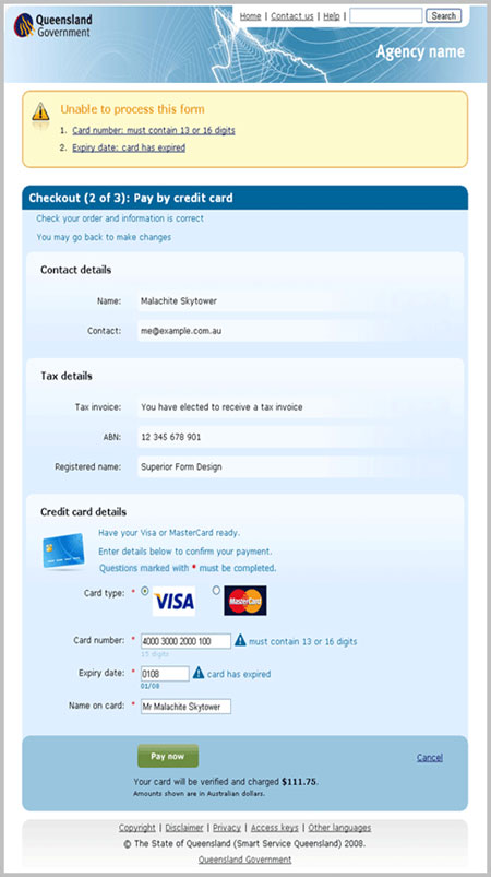 Image shows example screeen layout for a checkout screen (step 2 of 3), with error message at the top, customer details such as contact details, credit card details details and pay now button