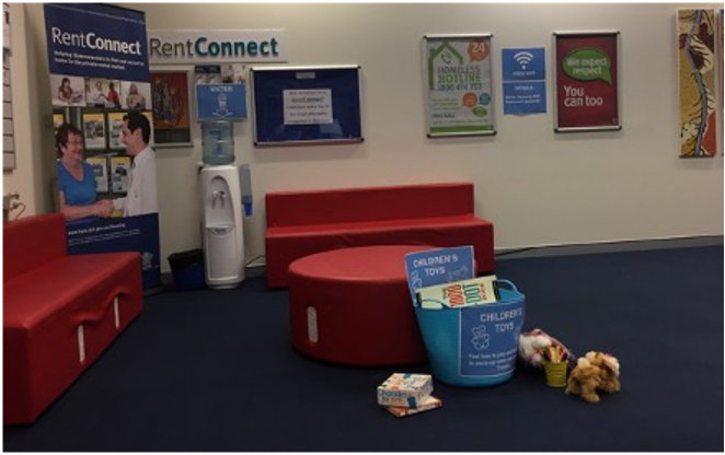 Fortitude Valley HSC, where prototypes were deployed. Visible prototypes include a water cooler, children’s toys, and a sign informing the reader of free wi-fi.