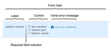 Example form with radio buttons showing a form label, required field indicator, control, hint, and inline error message.